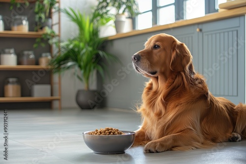 the big dog sits on the floor in the bright kitchen near the bowl of dry food