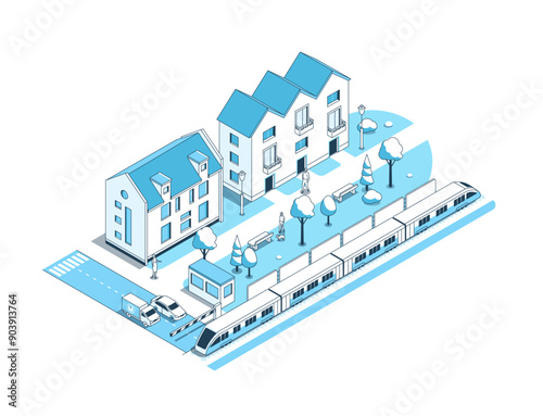 Safe railway crossing - vector isometric illustration. A street with residential buildings, barrier blocked the road for car and truck, and a fast train is passing by. Life in the suburbs idea