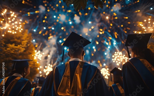 Nighttime graduation ceremony with fireworks, graduates celebrating, glowing lights, festive mood, highdefinition, dynamic composition, vibrant imagery