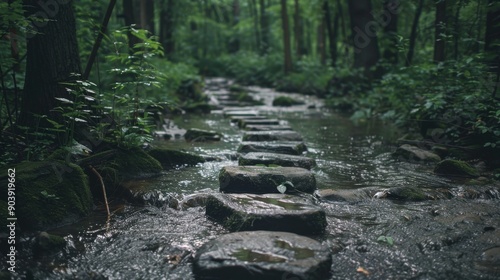 A forest with a babbling brook and stepping stones.