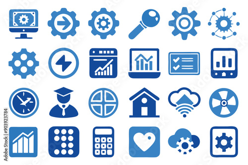 Blue and white setting and setup icons convey organizational and functional elements.