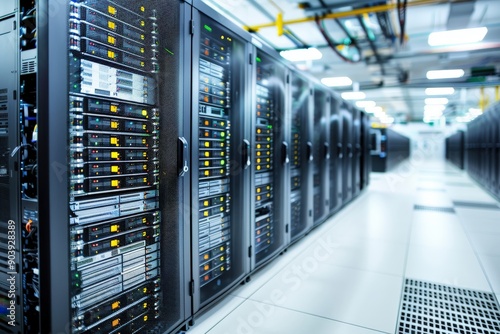 A modern data center featuring several rows of high-tech server racks with various blinking lights, network cables, and cooling ducts in a well-lit environment.