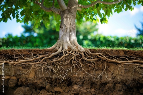 Tree structure with root system going deep into the ground, soil cross, absorption system water