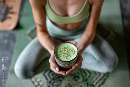 Woman wearing yoga attire holding a matcha latte on yoga mat