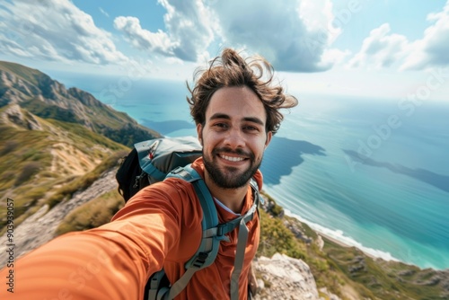 Young hiker man taking a selfie portrait on the top of mountain. Happy young athletic man on adventure