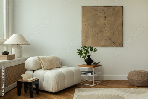 Modern living room interior featuring cozy, plush white sofas a wooden side table with decorative items, and minimalist decor. The space is enhanced by a large abstract painting and a soft rug.