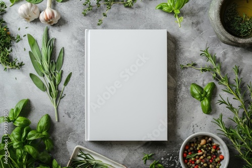 Blank white book cover mock-up on an Italian kitchen table surrounded by fresh herbs and Italian ingredients