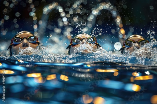 Three synchronized swimmers performing in sparkling water