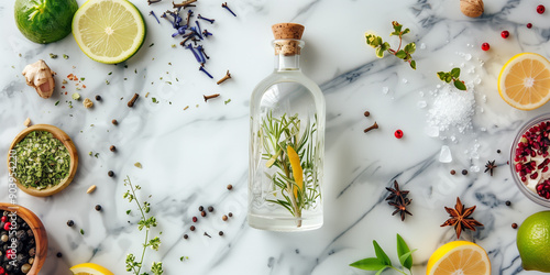 Gin bottle with a cork stopper, surrounded by various botanical ingredients on a marble surface