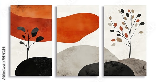 The set of canvases feature abstract colorful plants in a modern design.