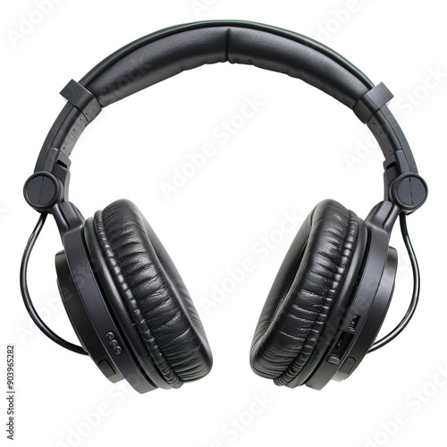 Black over-ear headphones with earcups and adjustable headband, isolated on a white background.