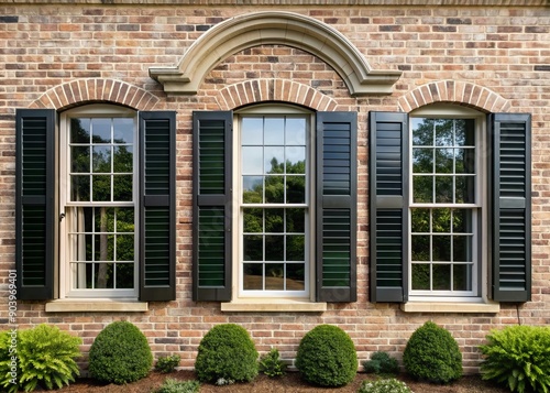 Classic brick house exterior featuring a black double-hung vinyl window with six panes, decorative shutters, and a subtle arched limestone window header.