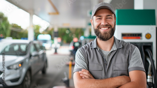 Smiling Gas Station Employee Wearing Gray Uniform and Cap - Bearded Man with Modern Car and Petroleum Fuel Pumps in Background Photo