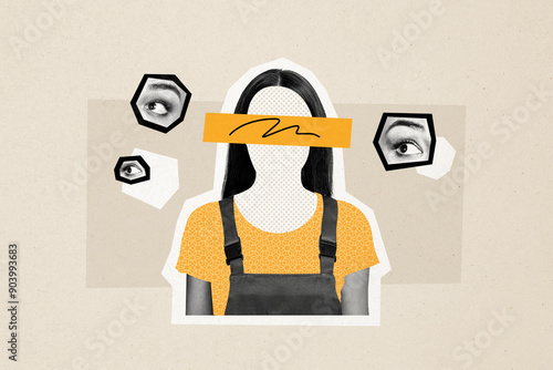 Composite trend artwork 3D sketch image photo collage of copyspace young lady incognito faceless stand blind eye vision security search