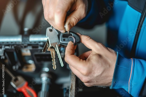 Man copying car key with key copy machine One young man, professional key cutter, making door keys copies in locksmith