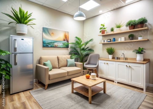 A serene, well-lit lactation room with comfortable seating, fridge, and sink, surrounded by calming artwork and plants, promotes a supportive work environment.