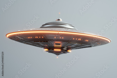 UFO, UAP, AAV, flying saucer with floating lights, front view, isolated on clear sky, photorealistic // ai-generated