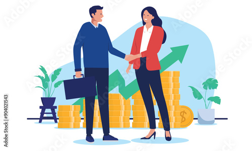 Profitable successful business deal - Two businesspeople shaking hands over agreement in front of rising money chart and green arrow pointing up. Partnership concept in flat design vector illustration