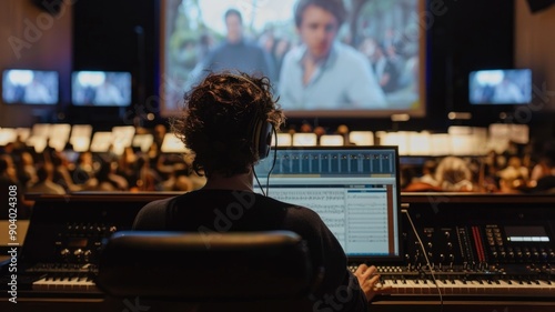 A composer working in a studio, scoring music for a film with a large screen showing scenes in the background