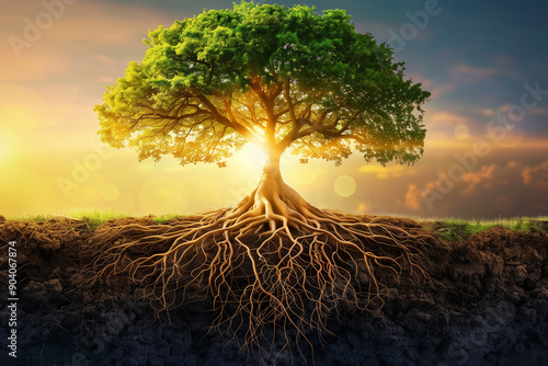 Symbol of Sustainability, Tree with Roots and Leaves, A large healthy tree with expansive roots and lush foliage