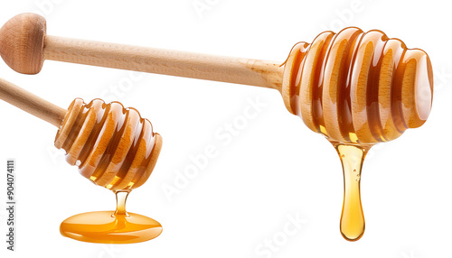 Close-up of wooden honey dippers with golden honey dripping isolated on white background, showcasing natural sweetness and texture.