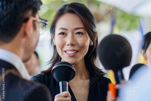 Asian politician speaking to reporters One woman, Asian female politician talking into reporters microphones