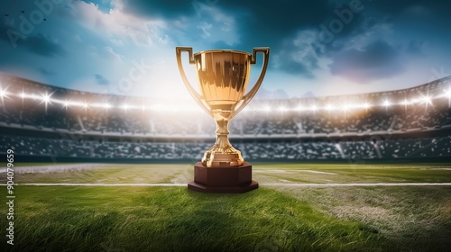 Grand Sports Trophy on Stadium Field with Bright Lights and Clouds