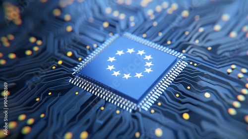 European semiconductor chip emblem, intricate circuit designs, symbolizing technological advancement and integration within the European Unions digital landscape.