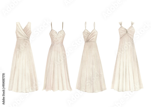 Watercolor wedding dress collection. Hand drawn isolated illustration on white background