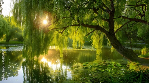 Weeping Willow tree gracefully arching over a tranquil pond in a park