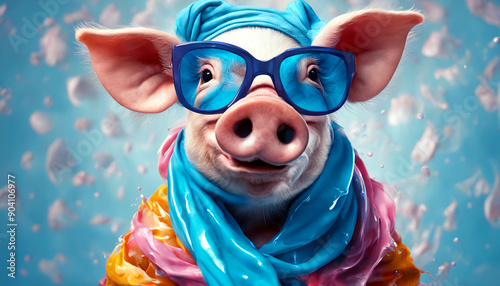 Tierisches Model: Ein Schwein/ Sau. Humorvolles Portrait eines Schwein mit cooler blauer Sonnenbrille und kuscheligen blauen Schal. Witziges Tierbild für Kinderbücher, Postkarten, Social Media-Posts.