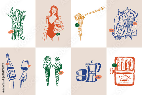 Minimalist hand drawn travel vector illustration collection. Art for postcards, branding, logo design, background. 