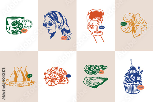 Minimalist hand drawn travel vector illustration collection. Art for postcards, branding, logo design, background. 