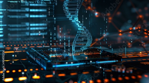 Futuristic digital DNA helix emerging from microchip, surrounded by binary code and glowing circuits, symbolizing biotechnology and genetic engineering advancements.