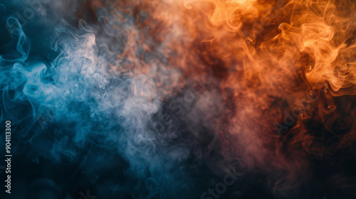 A captivating background with deep indigo and fiery orange smoke, seamlessly blending with wisps of