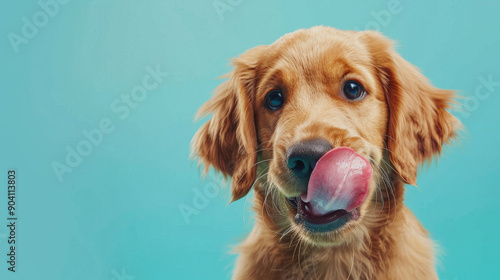 A funny and hungry golden retriever puppy dog eating and licking its lips with tongue. Isolated on a light blue pastel background.