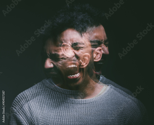 Stress, screaming and man in studio with double exposure for mental health, depression or bipolar on dark background. Illness, fear and person with ptsd for nightmare, personality or schizophrenia