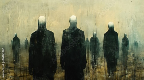 strange image of faceless figures moving in unison, suggesting they are controlled by an invisible power, unsettling the idea of collective control