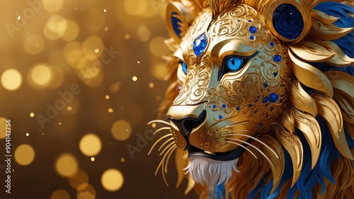 Golden lion with blue eyes, golden sparkles all around him, close up, fantasy art style, gold background.