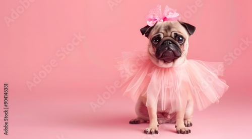 Quirky pug wearing a tutu and ballet slippers on light paste color background with copy space