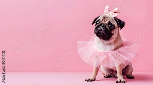 Quirky pug wearing a tutu and ballet slippers on light paste color background with copy space