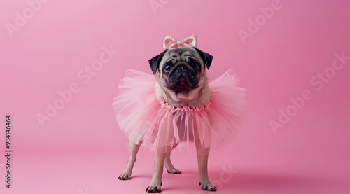 Quirky pug wearing a tutu and ballet slippers on light paste color background with copy space