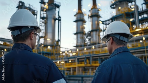 Two engineers in hard hats and safety gear inspect an industrial plant's machinery and infrastructure under evening sky.