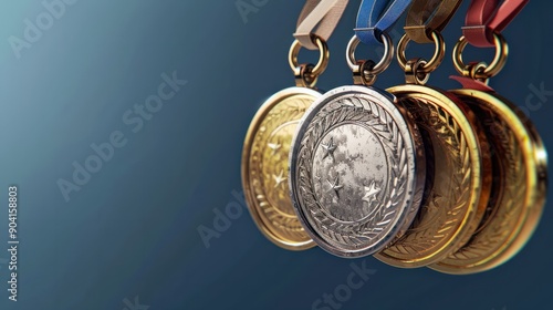 Gold, silver and bronze olympic medals. blue background. ,