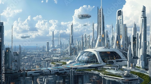 Futuristic cityscape with prominent financial declines, futuristic business decline, economic troubles in a tech-dominated future