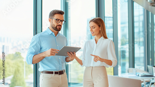 two coworkers, a man and a woman, stand near a floor-to-ceiling window in a chic office. The man, wearing glasses and a light blue shirt, holds a tablet, while the woman, in a whit