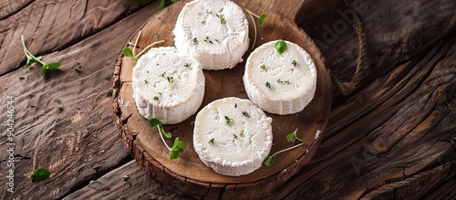 Fresh appetizer meal with soft goat or sheep cheese from natural milk placed on a rustic table with a copy space image background in a top view