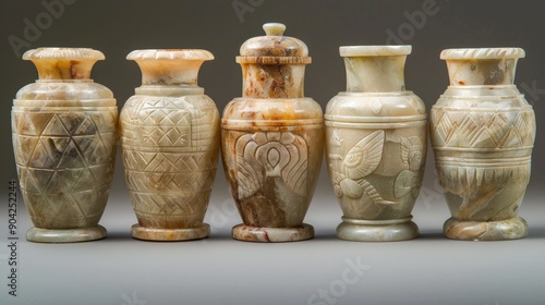 A set of intricate alabaster jars crafted in ancient Egypt, designed for storing perfume, showcasing unique designs and historical significance