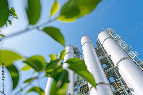 An innovative carbon capture plant set against a clear blue sky. The building showcases advanced architectural features, such as large, vertical air scrubbers and integrated solar panels. The