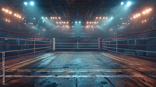 A boxing ring with a blue mat and red and white ropes